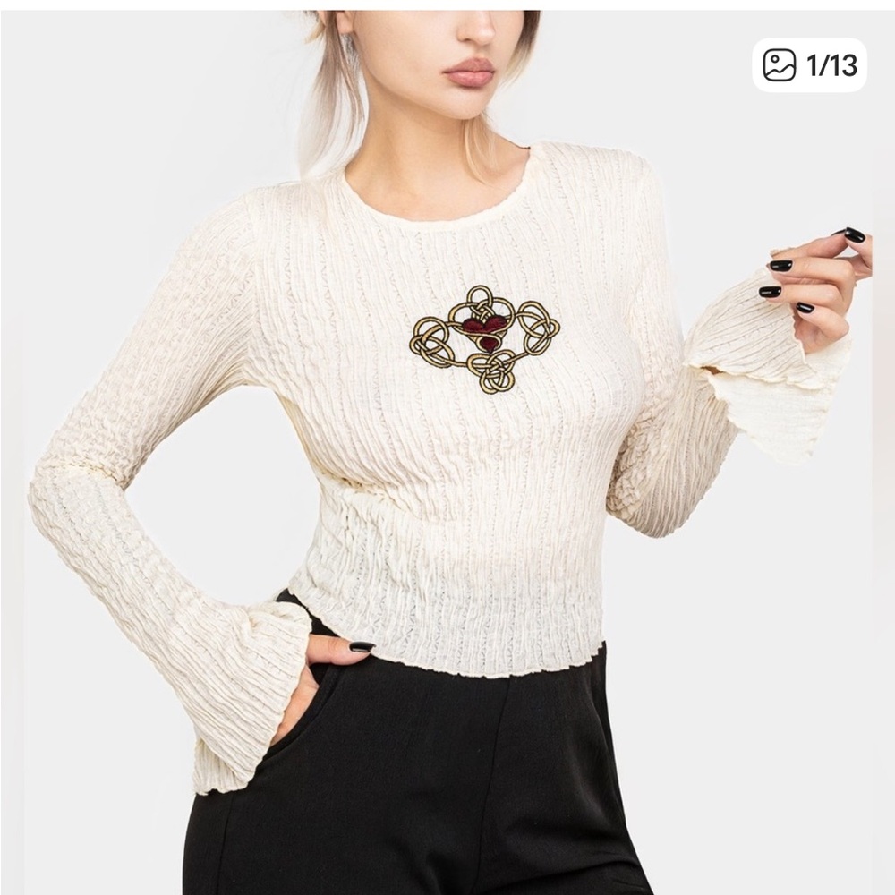 Disturbia Cream Long Sleeve Top with Embroidered Design